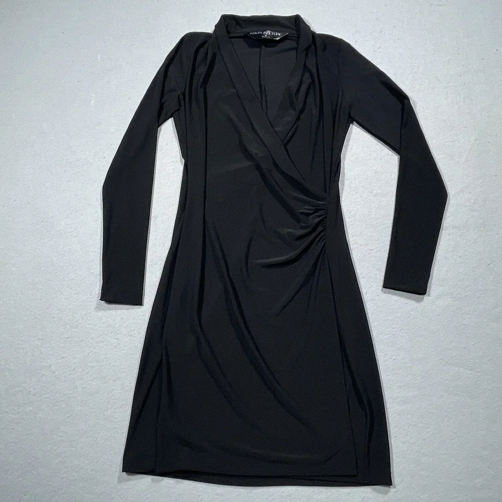 KamaliKulture Dress Women Small Wrap Front Long Sleeve Black Jersey Quiet Luxury